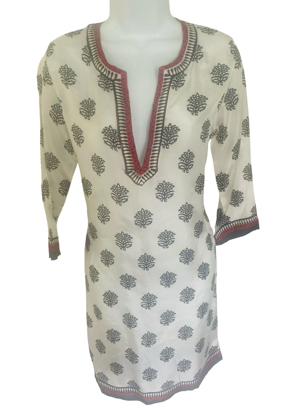 Gretchen Scott Designs silk Tunic with Black Print and Red Trim -XS white blk